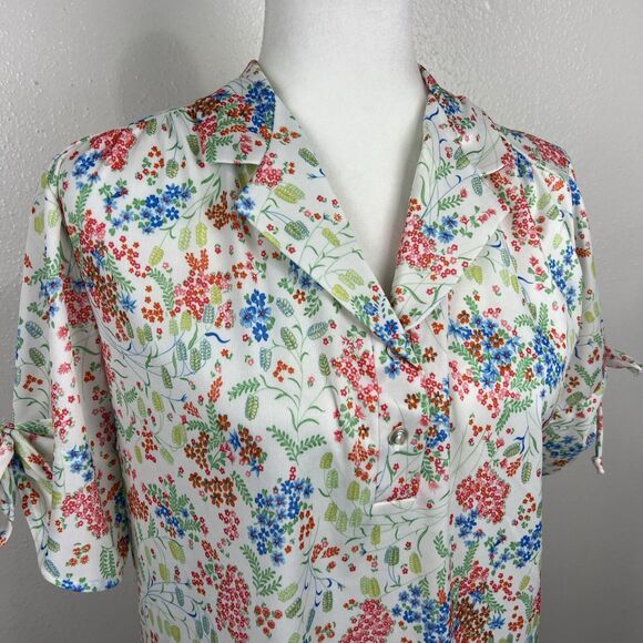 Vintage Just Oscar Blouse Women Large White Pink Floral All Over Print S/S Top - Picture 6 of 13